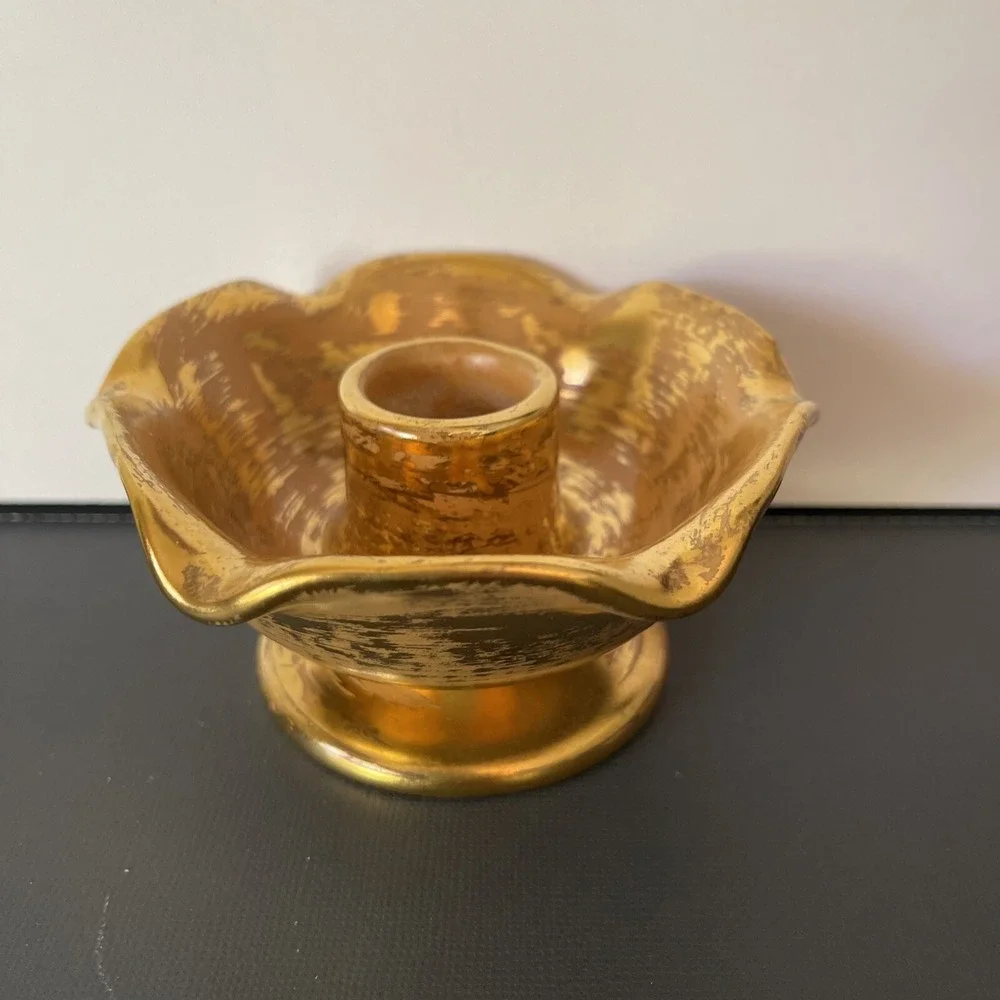 Vtg Stangel Art Pottery Candle Holder Candlestick Brush Gold Peach Coral Set 50s